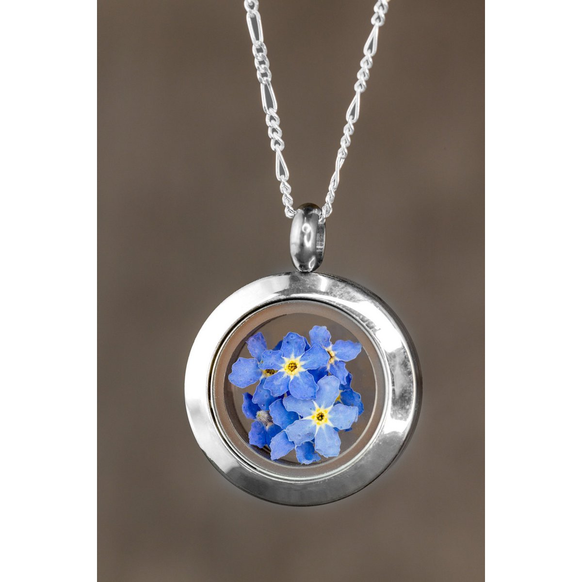 Vergissmeinnicht Blüten Medaillon - Glasmedaillon mit Echten Blüten 925 Sterling Silber Halskette - K925-134