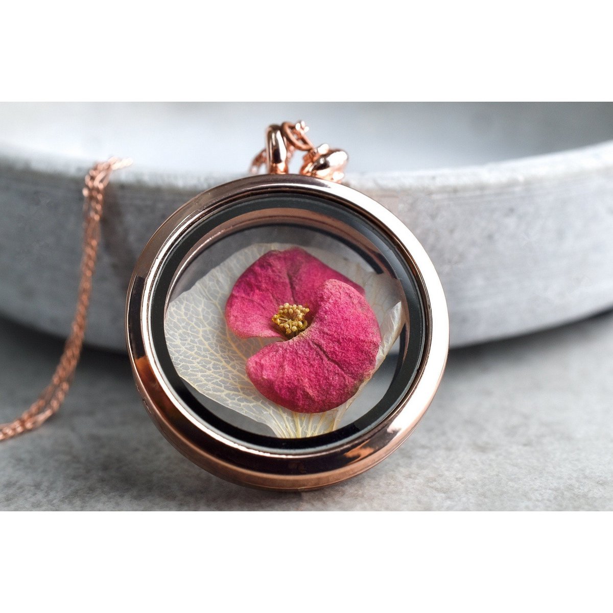 Christusdorn Hortensienblatt Glas Medaillon Kette - 925 Sterling Rosegold Vergoldete Florale Halskette - PR083