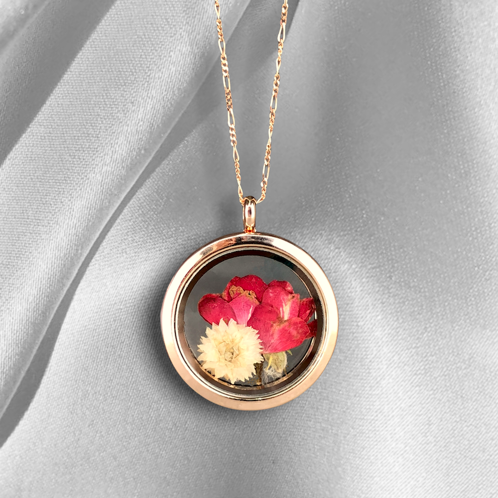 Echte Rose und Chrysantheme 925 Sterling Rosegold Vergoldete Medaillonkette