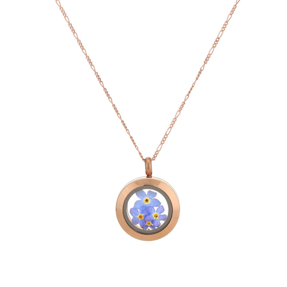 Rosegold Vergoldetes Medaillon Vergissmeinnicht - 925 Sterling Vergoldete Kette mit Echten Blüten - K925-126