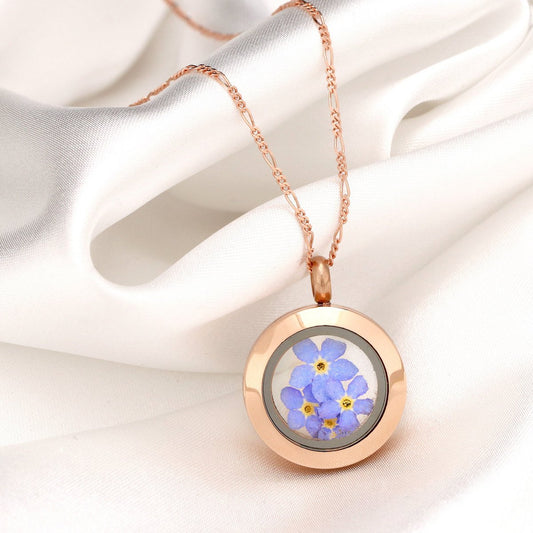 Rosegold Vergoldetes Medaillon Vergissmeinnicht - 925 Sterling Vergoldete Kette mit Echten Blüten - K925-126