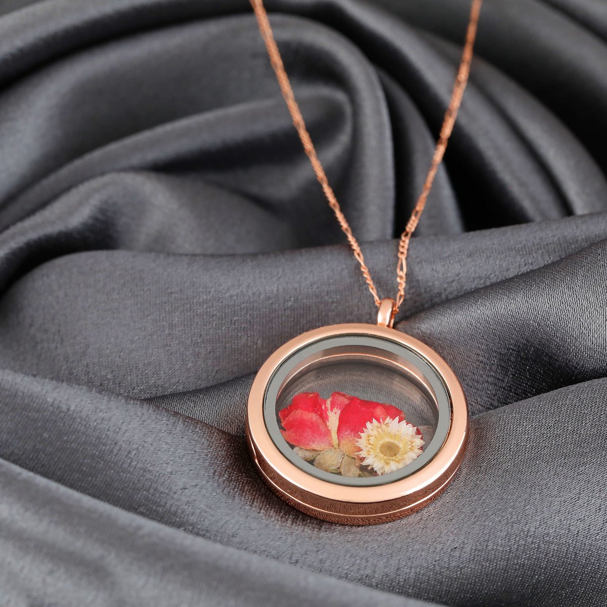 Echte Rose und Chrysantheme 925 Sterling Rosegold Vergoldete Medaillonkette