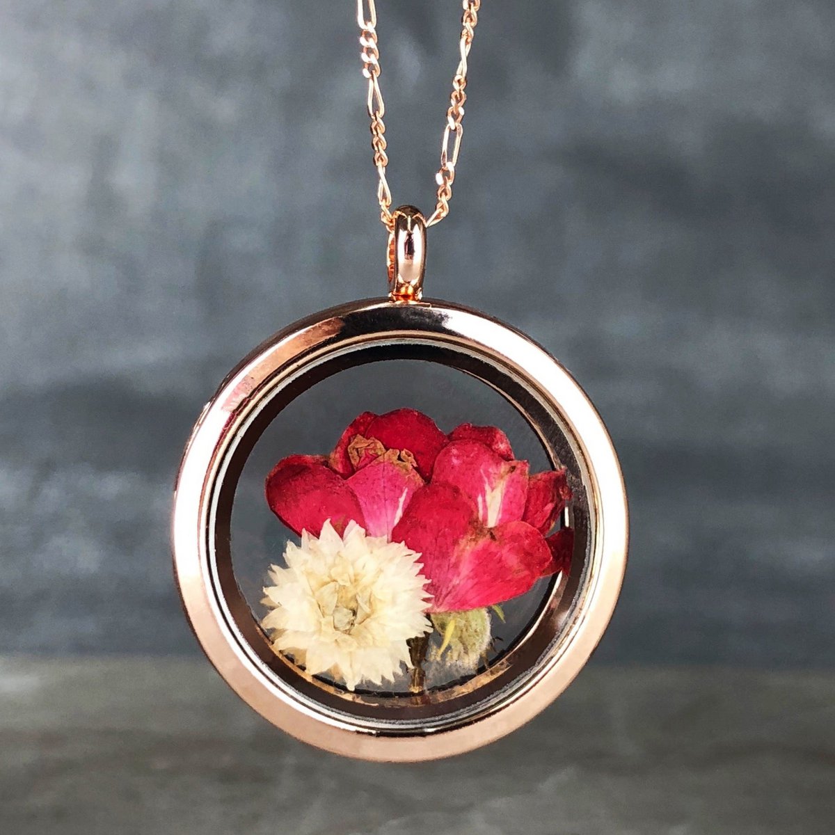 Echte Rose und Chrysantheme 925 Sterling Rosegold Vergoldete Medaillonkette