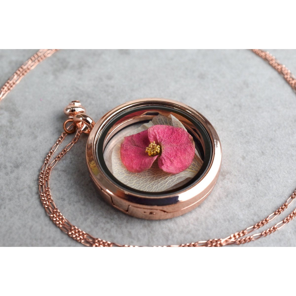 Christusdorn Hortensienblatt Glas Medaillon Kette - 925 Sterling Rosegold Vergoldete Florale Halskette - PR083