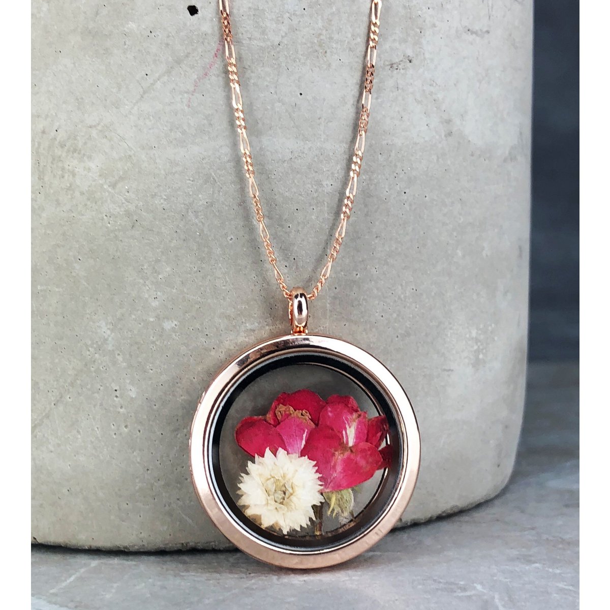 Echte Rose und Chrysantheme 925 Sterling Rosegold Vergoldete Medaillonkette