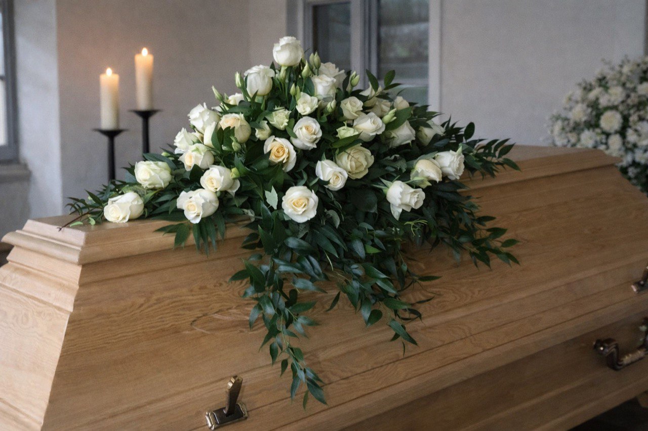 Sargschmuck mit weissen Rosen